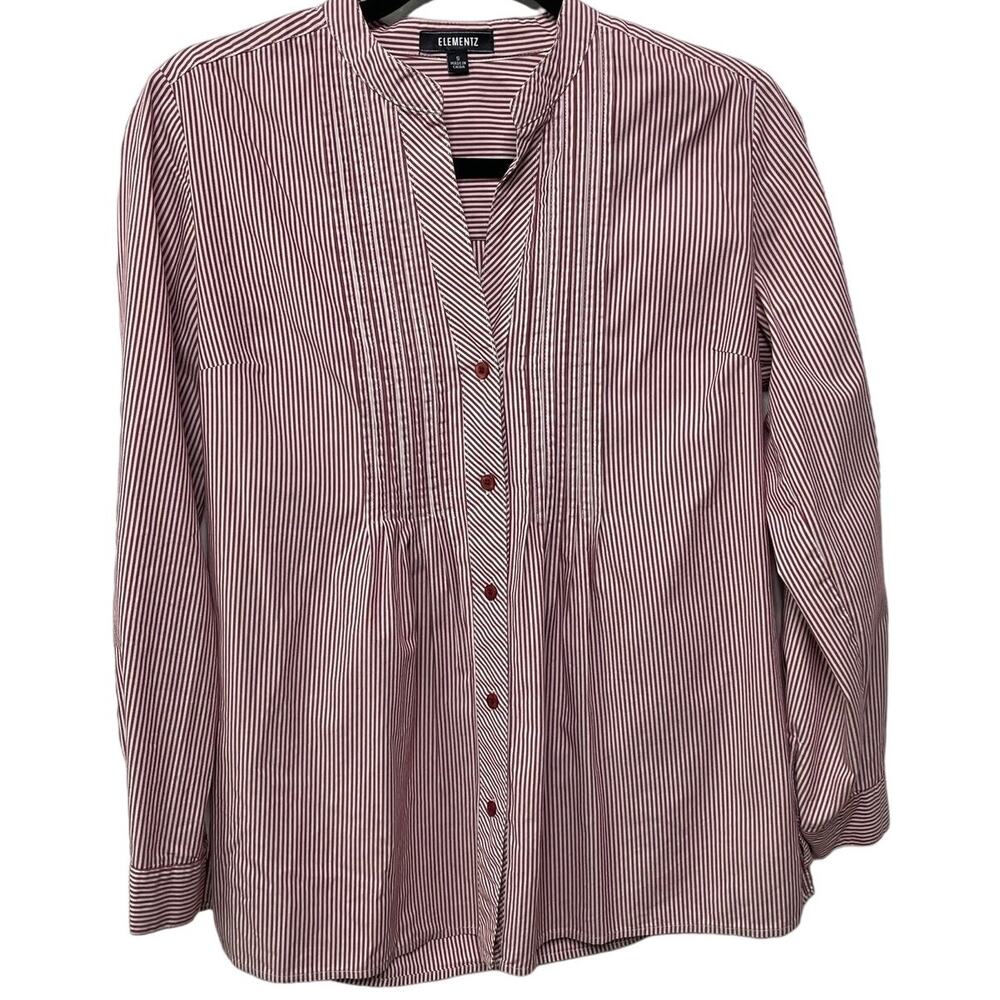 Elementz Long Sleeve Mandarin Collar Button Down Shirt Red‎ Striped Women Size S